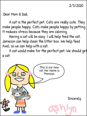 学生创造的信件的形象试图说服他们的父母得到猫