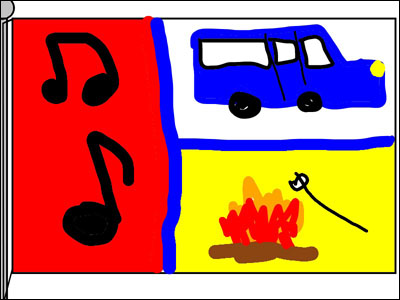 在蓝色和红色的家庭创作的旗帜与公共汽车，篝火和音乐笔记