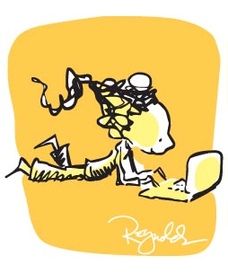 卡通女孩用笔记本电脑创作